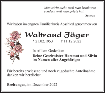 Traueranzeige von Waltraud Jäger von Südthüringer Presse