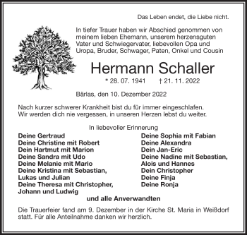 Traueranzeige von Hermann Schaller von Frankenpost