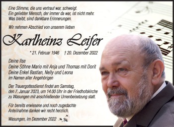 Traueranzeige von Karlheinz Leifer von Südthüringer Presse