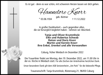 Traueranzeige von Hannelore Knorr von Neue Presse Coburg