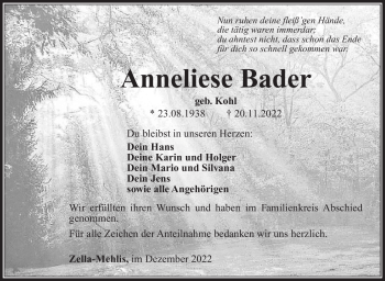 Traueranzeige von Anneliese Bader von Südthüringer Presse