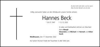 Traueranzeige von Hannes Beck von Neue Presse Coburg