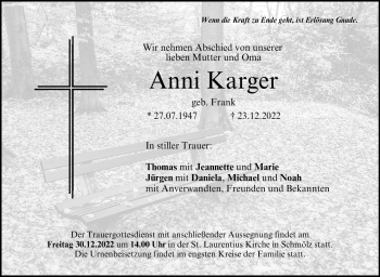 Traueranzeige von Anni Karger von Neue Presse Coburg