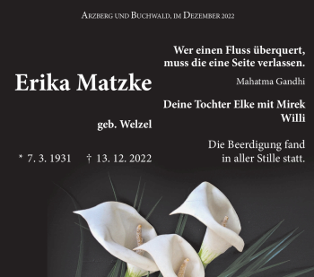 Traueranzeige von Erika Matzke von Frankenpost