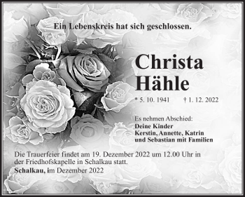 Traueranzeige von Christa Hähle von Südthüringer Presse