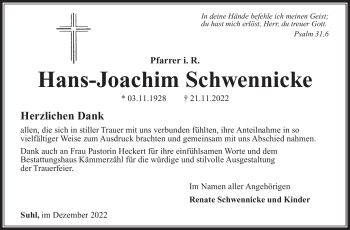 Traueranzeige von Hans-Joachim Schwennicke von Südthüringer Presse