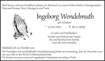 Traueranzeige von Ingeborg Wendelmuth von Neue Presse Coburg