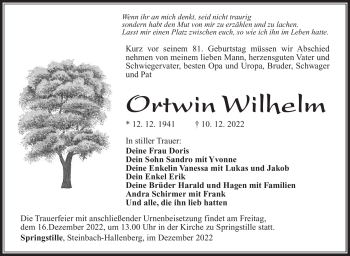 Traueranzeige von Ortwin Wilhelm von Südthüringer Presse