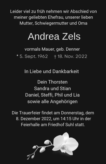 Traueranzeige von Andrea Zels von Südthüringer Presse