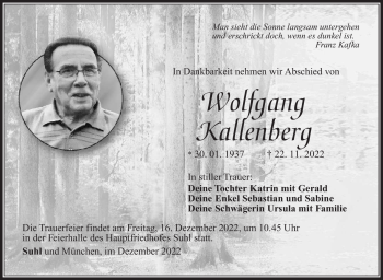 Traueranzeige von Wolfgang Kallenberg von Südthüringer Presse
