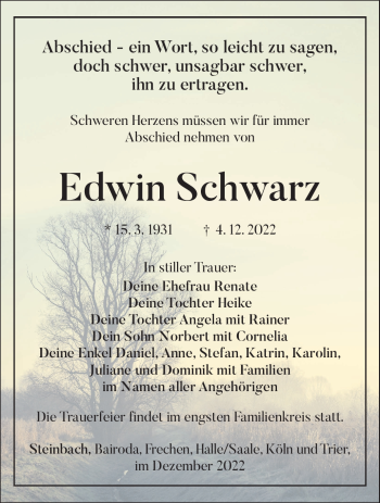 Traueranzeige von Edwin Schwarz von Südthüringer Presse
