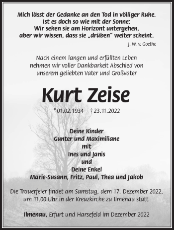 Traueranzeige von Kurt Zeise von Südthüringer Presse