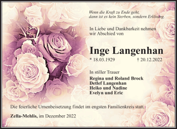 Traueranzeige von Inge Langenhan von Südthüringer Presse