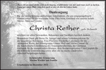 Traueranzeige von Christa Rether von Südthüringer Presse