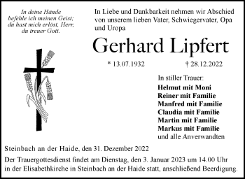 Traueranzeige von Gerhard Lipfert von Neue Presse Coburg