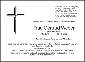 Traueranzeige von Gertrud Weber von Frankenpost