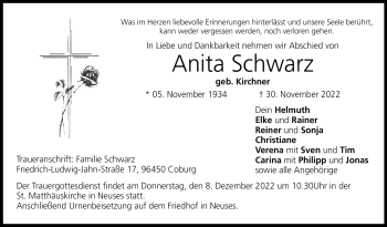Traueranzeige von Anita Schwarz von Neue Presse Coburg