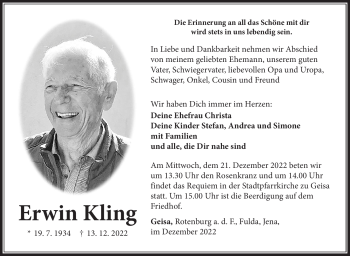 Traueranzeige von Erwin Kling von Südthüringer Presse