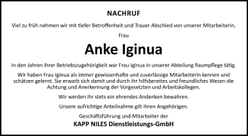 Traueranzeige von Anke Iginua von Neue Presse Coburg
