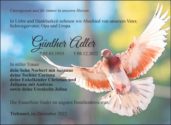 Traueranzeige von Günther Adler von Südthüringer Presse