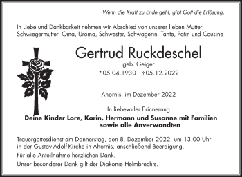 Traueranzeige von Gertrud Ruckdeschel von Frankenpost
