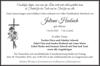 Traueranzeige von Juliane Heubach von Südthüringer Presse