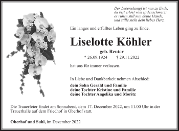 Traueranzeige von Liselotte Köhler von Südthüringer Presse