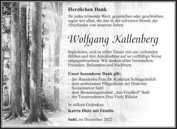 Traueranzeige von Wolfgang Kallenberg von Südthüringer Presse