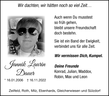 Traueranzeige von Jannik Laurin Dauer von Südthüringer Presse
