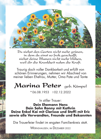 Traueranzeige von Marina Peter von Südthüringer Presse