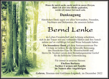 Traueranzeige von Bernd Lenke von Südthüringer Presse