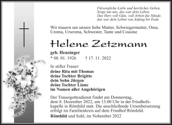 Traueranzeige von Helene Zetzmann von Südthüringer Presse