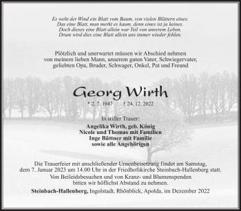 Traueranzeige von Georg Wirth von Südthüringer Presse