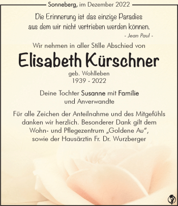 Traueranzeige von Elisabeth Kürschner von Südthüringer Presse
