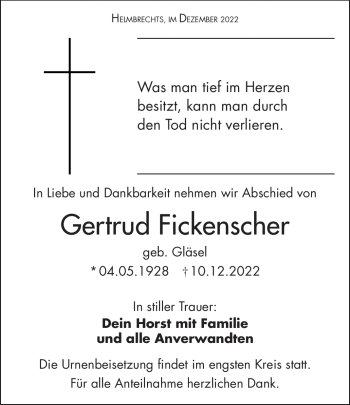 Traueranzeige von Gertrud Fickenscher von Frankenpost