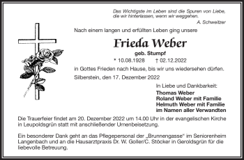 Traueranzeige von Frieda Weber von Frankenpost