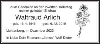 Traueranzeige von Waltraud Arlich von Frankenpost