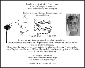 Traueranzeige von Gerlinde Radloff von Südthüringer Presse