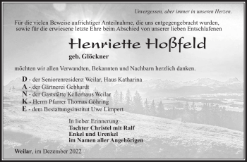 Traueranzeige von Henriette Hoßfeld von Südthüringer Presse
