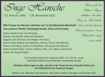 Traueranzeige von Inge Hansche von Südthüringer Presse