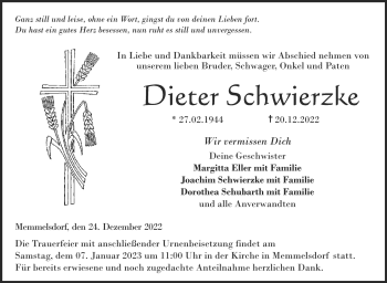 Traueranzeige von Dieter Schwierzke von Neue Presse Coburg