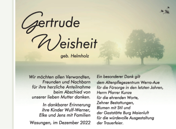 Traueranzeige von Gertrude Weisheit von Südthüringer Presse