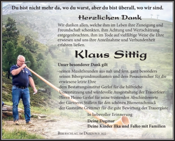 Traueranzeige von Klaus Sittig von Südthüringer Presse
