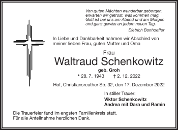 Traueranzeige von Waltraud Schenkowitz von Frankenpost