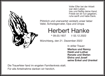 Traueranzeige von Herbert Hanke von Frankenpost