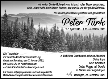 Traueranzeige von Peter Türk von Südthüringer Presse
