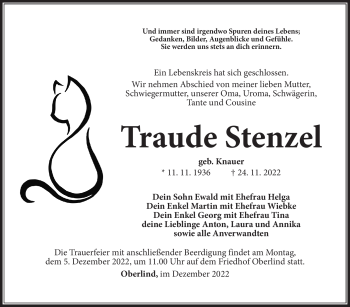 Traueranzeige von Traude Stenzel von Südthüringer Presse