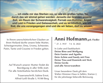 Traueranzeige von Anni Hofmann von Frankenpost
