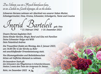 Traueranzeige von Ingrid Barteleit von Südthüringer Presse