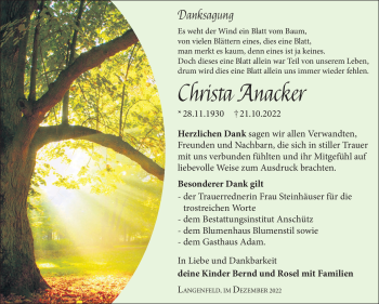 Traueranzeige von Christa Anacker von Südthüringer Presse